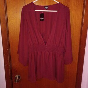 TORRID 3X/26 NWT Maroon Babydoll Smocked Georgette Blouse Bell Sleeves Deep V